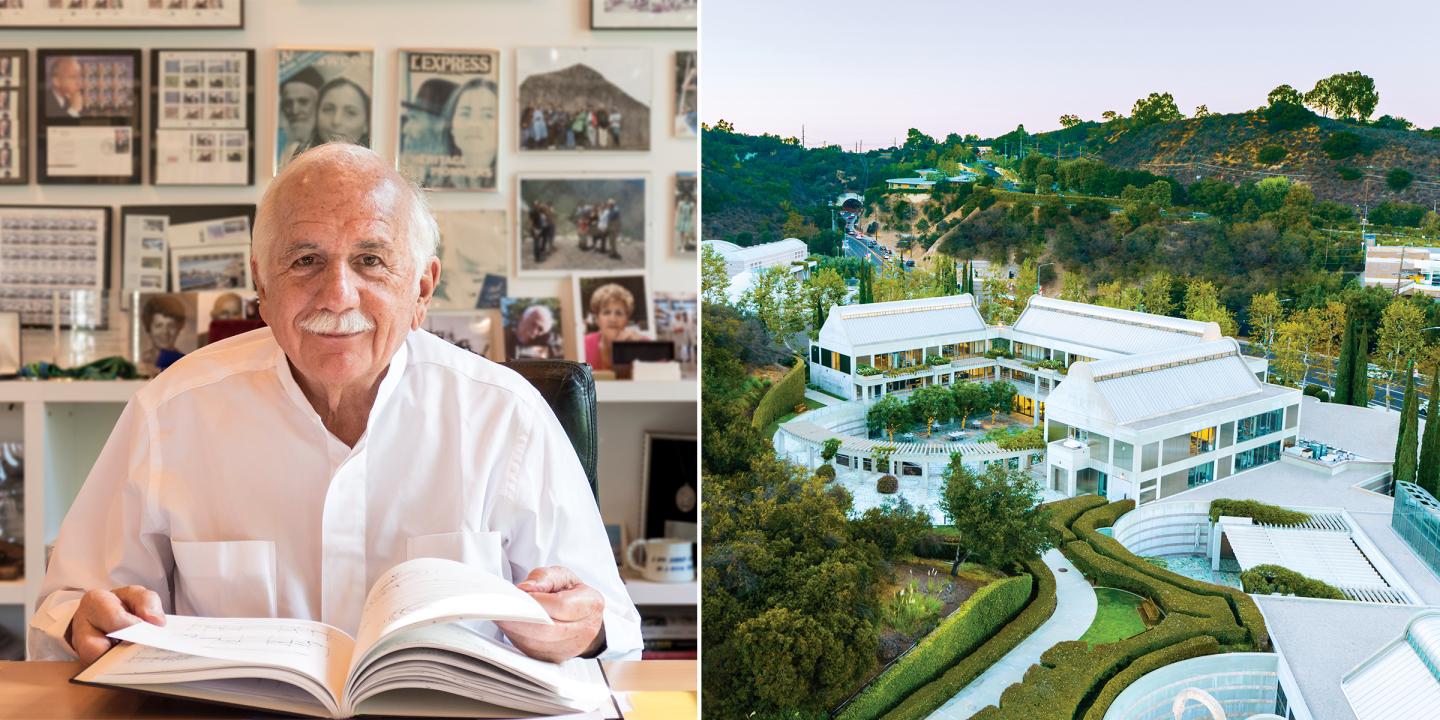 Moshe Safdie sitting in an office with an open book in front of him, next to an aerial shot of the Skirball's campus