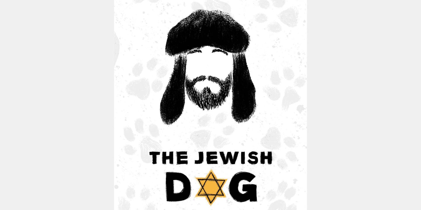 Illustration of a man's head wearing a hat similar to dog ears. The words "The Jewish Dog" are written below with a Star of David as the "o" in Dog. Gray paw prints appear behind the illustration.