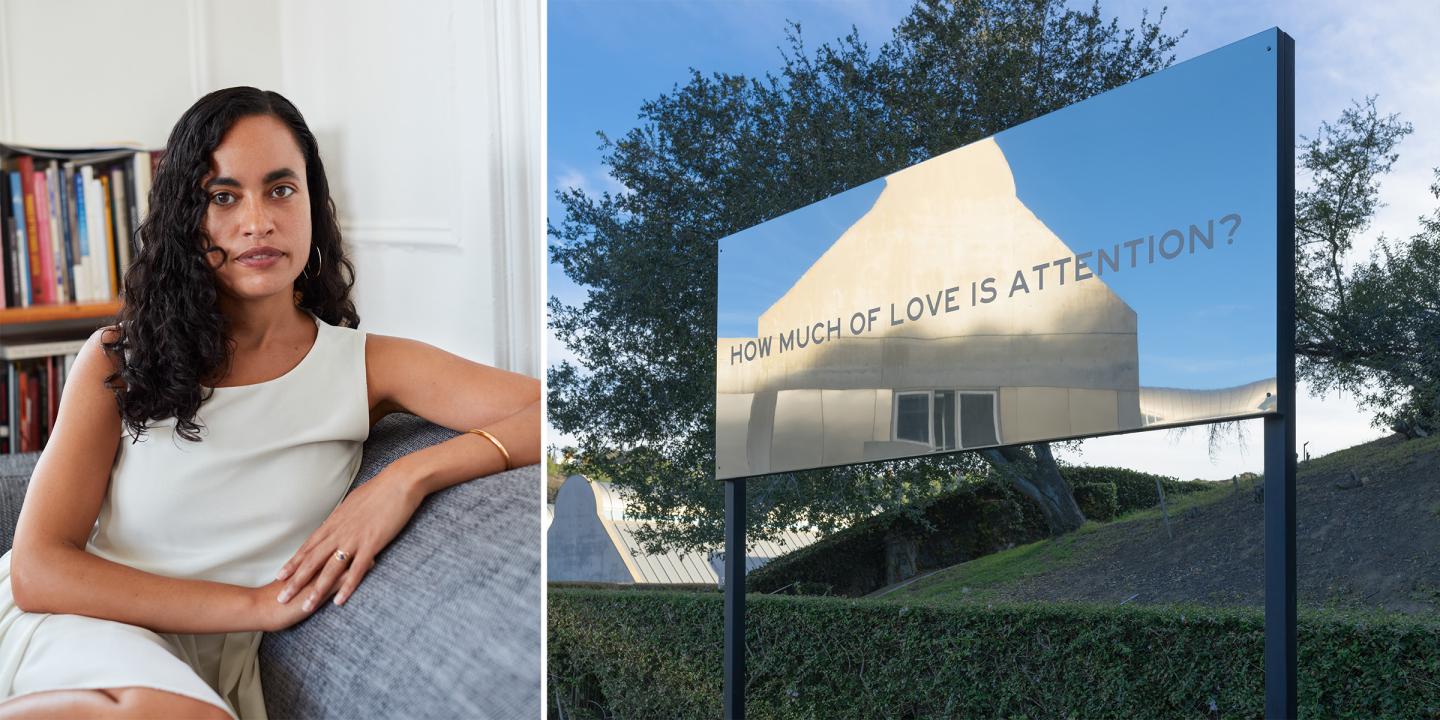 Photo of the artist Chloe Bass looking directly at the camera. Next to her is a photo of one of her pieces on display. The piece is a large, reflective, outdoor sign with the words, "How much of love is attention?"