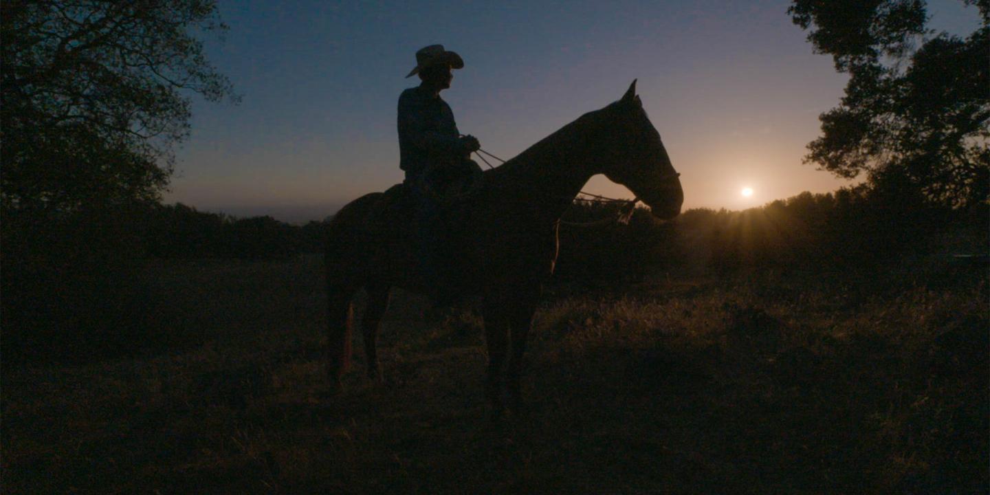 Still from the film showing a man sitting on a horse in front of a setting sun.