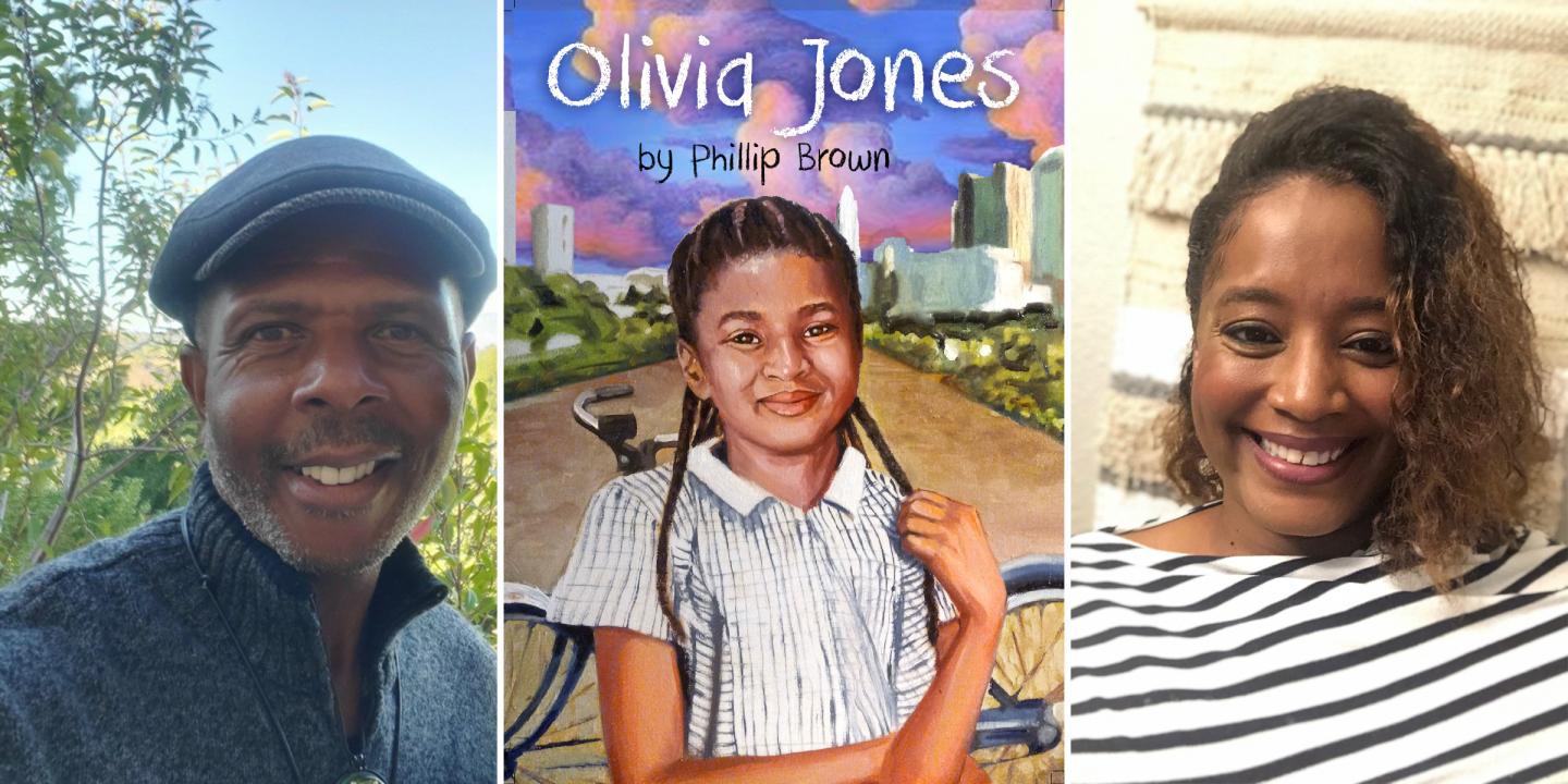 From left to right, author photo of Phillip Brown, cover art for the story, and photo of Rain Wilson