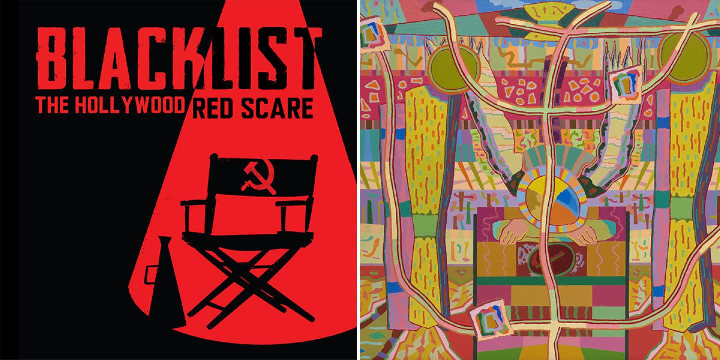 Key art for Blacklist: The Hollywood Red Scare showing a black director's chair under a red light next to a colorful painting with yellow, green, pink, and blue shapes creating two hands joining