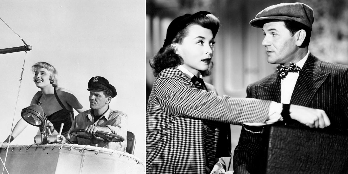 Still from the films featured. On the left is a woman and man sitting on board a boat looking out to the left. On the right shows a woman reaching over into the jacket pocket of a man facing her. They are making eye contact.