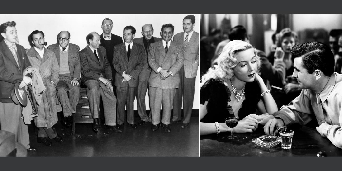 Still from the films featured. On the left shows a group of men lined up facing the camera wearing suits and coats. On the left is a scene with a woman and man sitting at a table in a crowded restaurant talking.