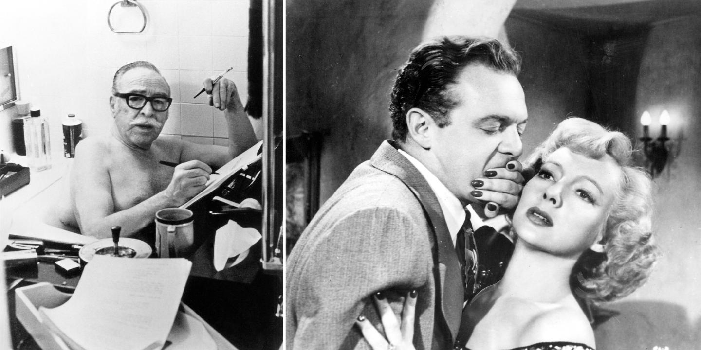 Stills from the films featured. On the left is a black and white image of Dalton Trumbo sitting in a bathtub reading papers. On the right is a man and woman embracing with the woman holding her hand over the man's mouth.