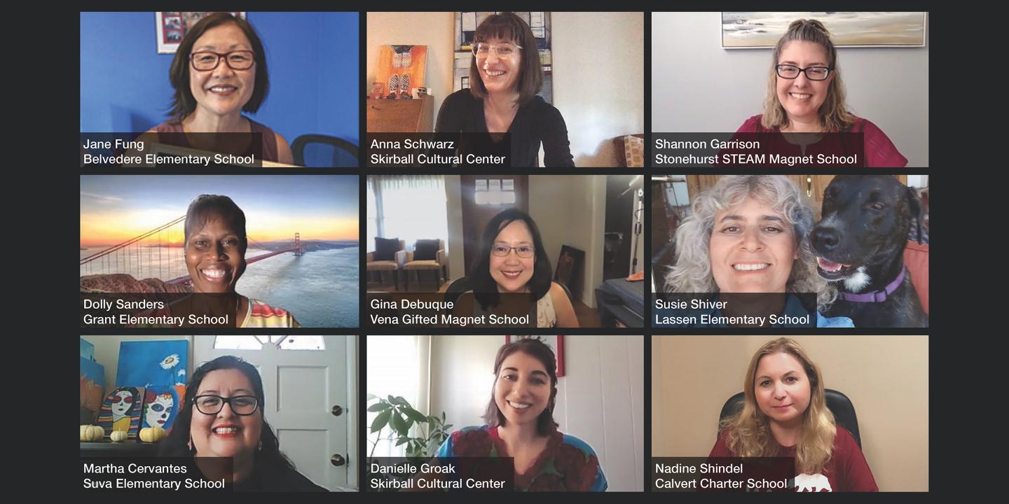 Screengrab of nine speakers on a collective video meeting