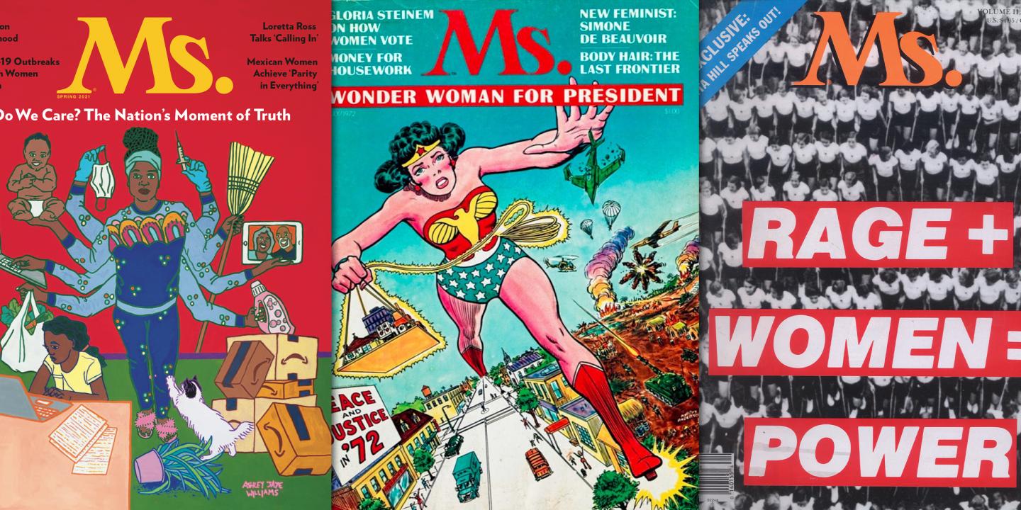 Covers of three vintage Ms. magazines side by side.
