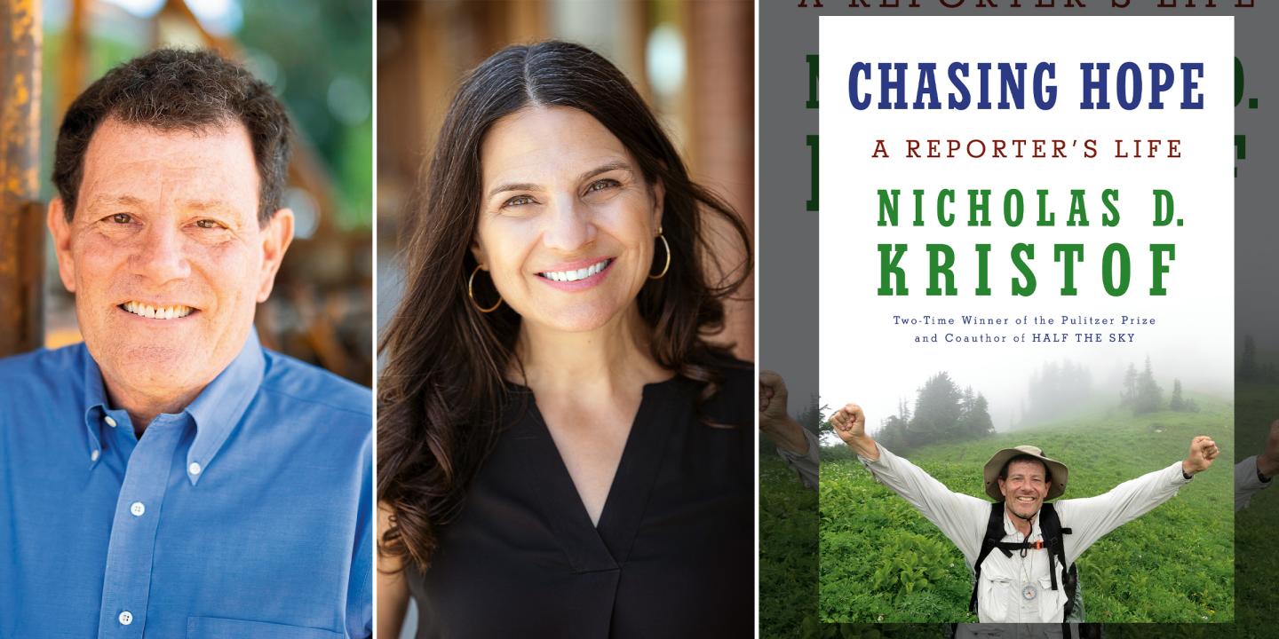 Headshots of Nicholas D. Kristof and Rabbi Sharon Brous beside the cover of the book, Chasing Hope: A Reporter's Life.