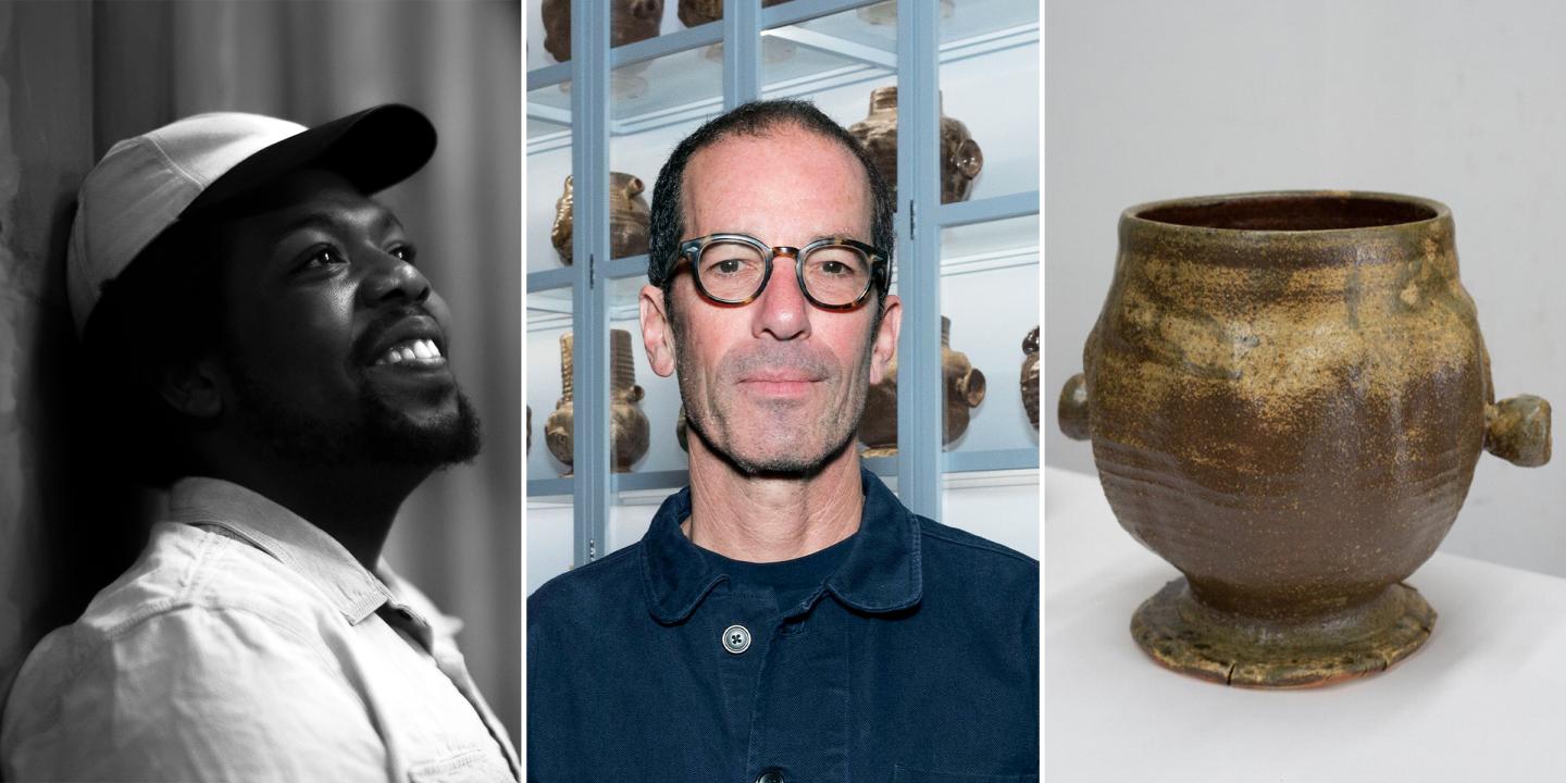 Black and white headshot of the artist Austin Antoine next to a color headshot of the artist Adam Silverman. To the right is a close-up photograph of a vessel from Common Ground.