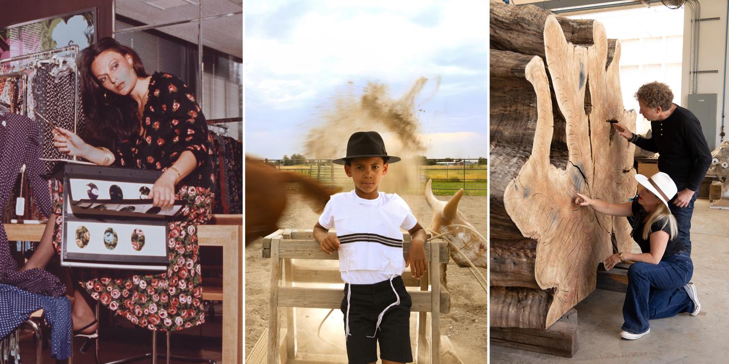 Three images feature a portrait of Diane von Furstenberg, a young child standing in an outdoor space for riding horses, and artists Tiffany Shlain and Ken Goldberg with their wood artwork.