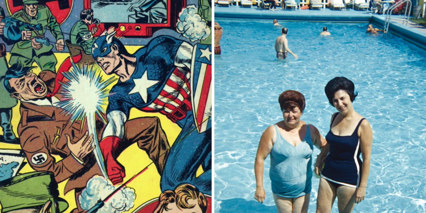 On the left, an Illustrated comic book cover depicting Captain America punching Hitler in the face. On the right, two women wearing bathing suits stand in the shallow end of a pool smiling at the camera.