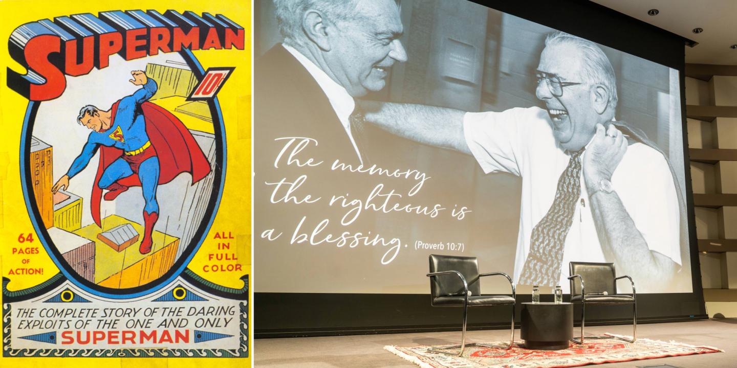 A colorful comic book cover showing Superman flying above a city. A stage is set up with two chairs on a rug with microphones for a discussion with a screen showing Uri Herscher and Howard Friedman.