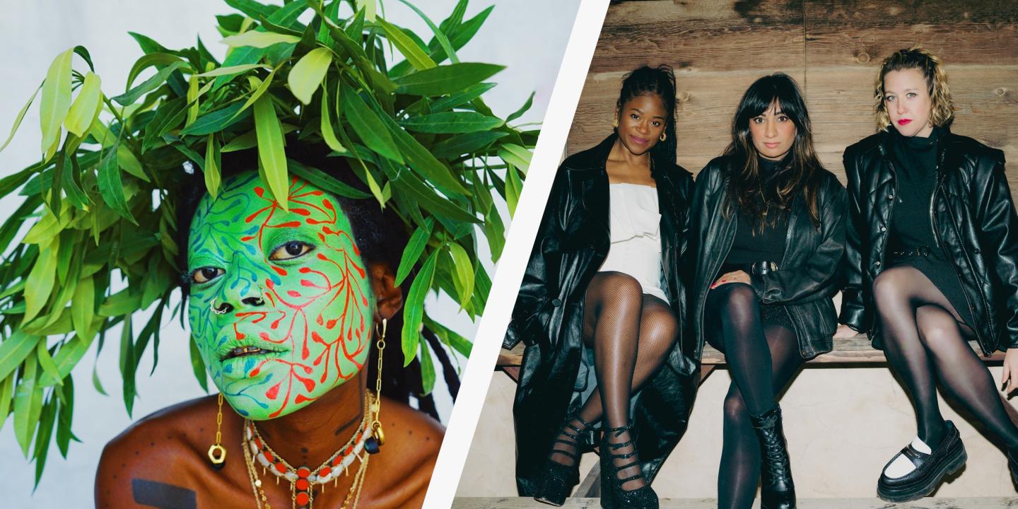 A portrait of a musical artist with a green mask on and leaves in hair next to another band of three women in leather jackets.