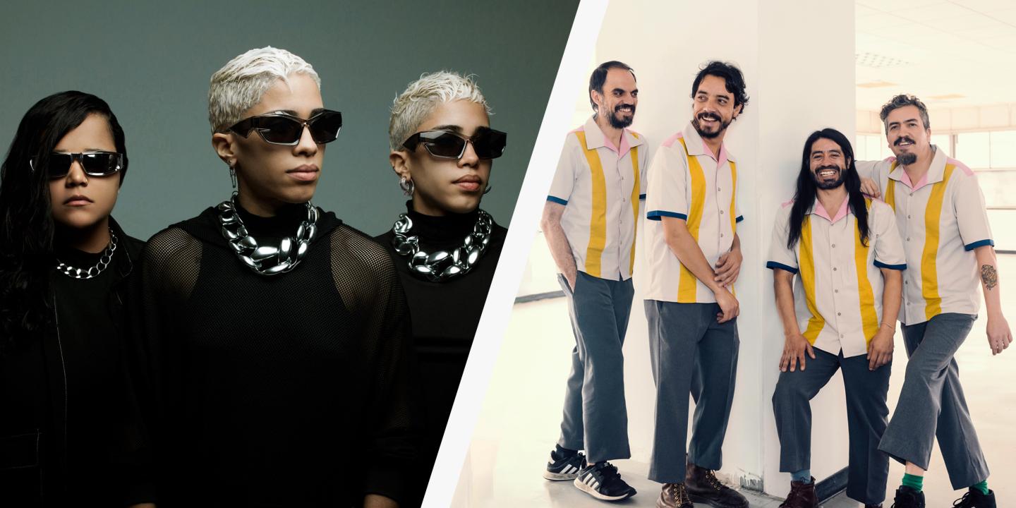 Three band members in all black with large silver chains and sunglasses poses. Next to that photo a photo of four men in a band posing in the same shirt.