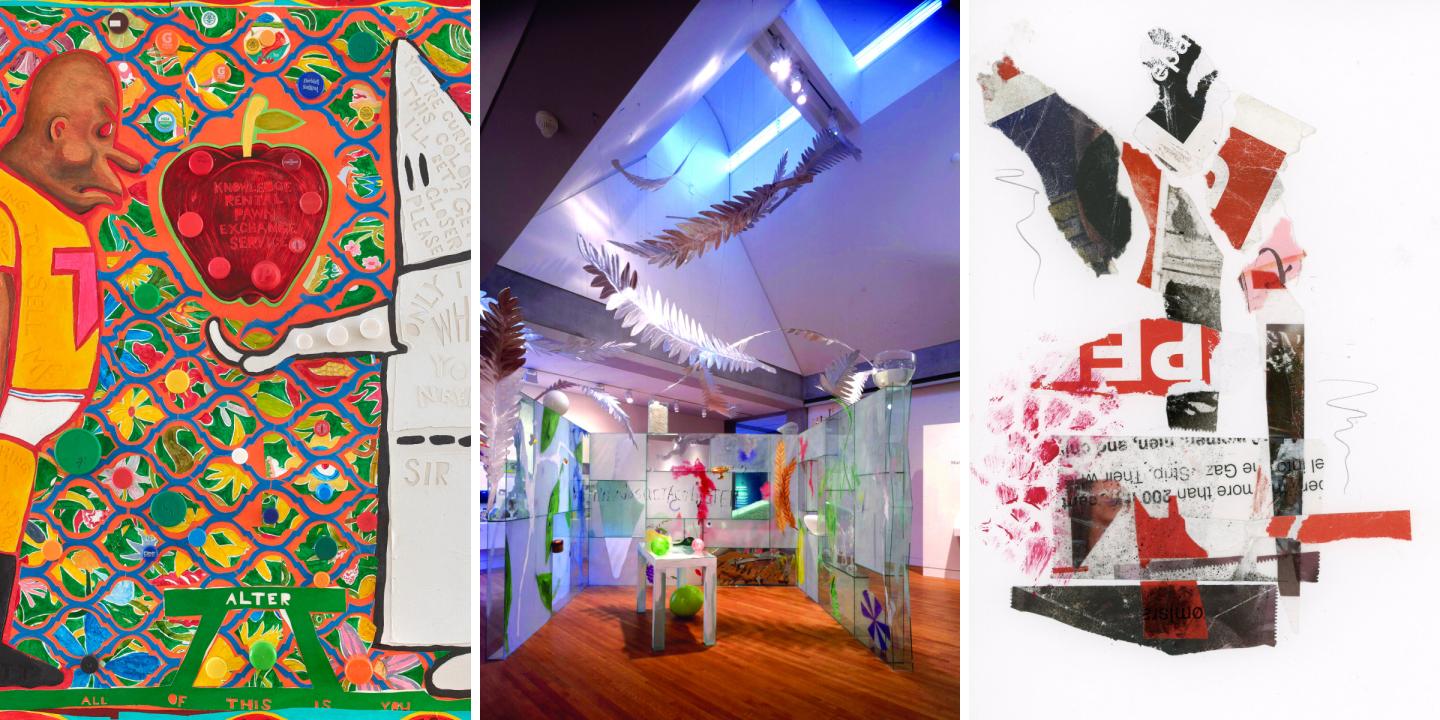 Details of artwork from the three exhibitions featured: a colorful painting, a glass sculpture, and a collage of torn red, black, and white paper.