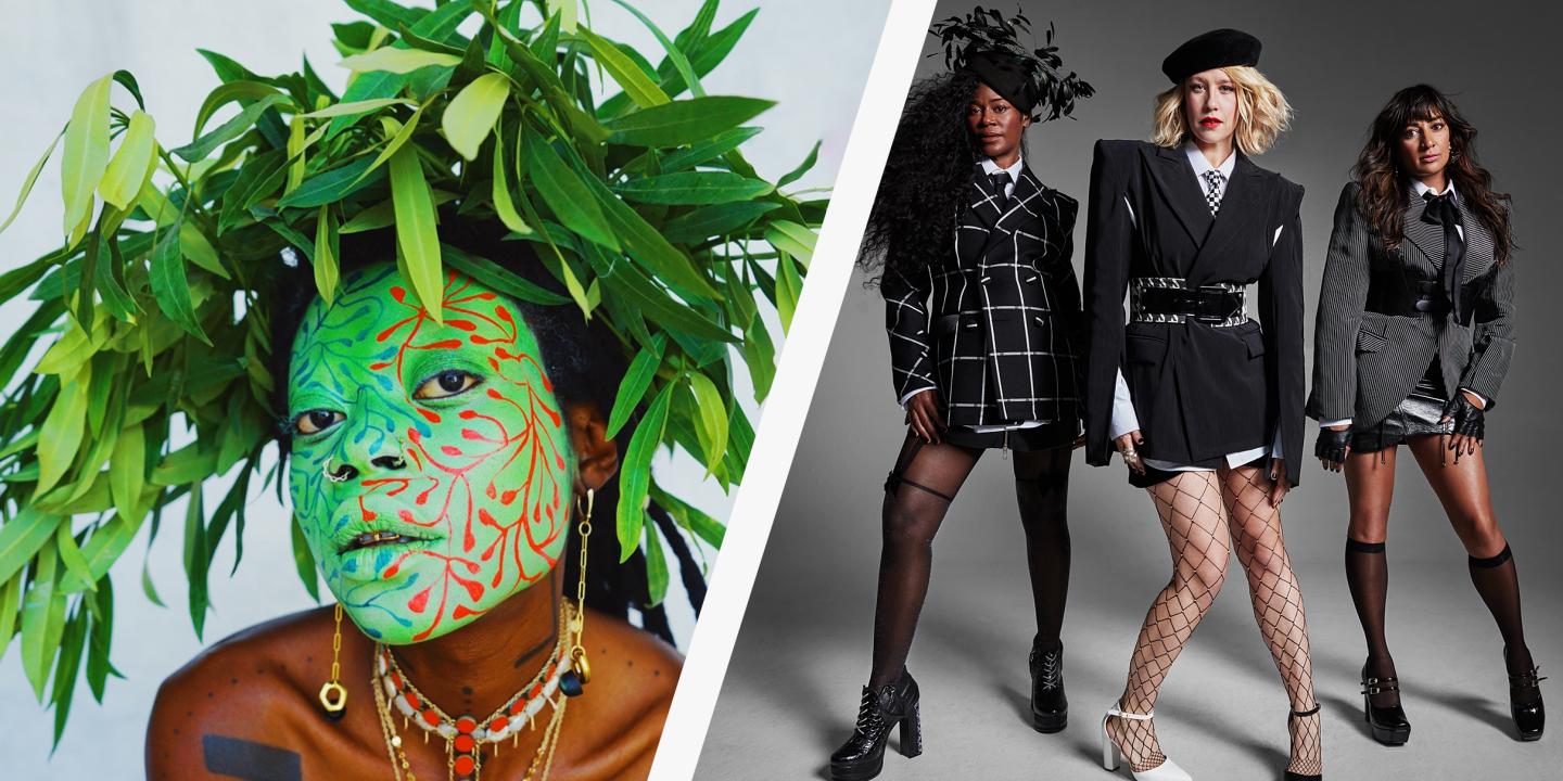 A portrait of a musical artist with a green mask on and leaves in hair next to another band of three women posing