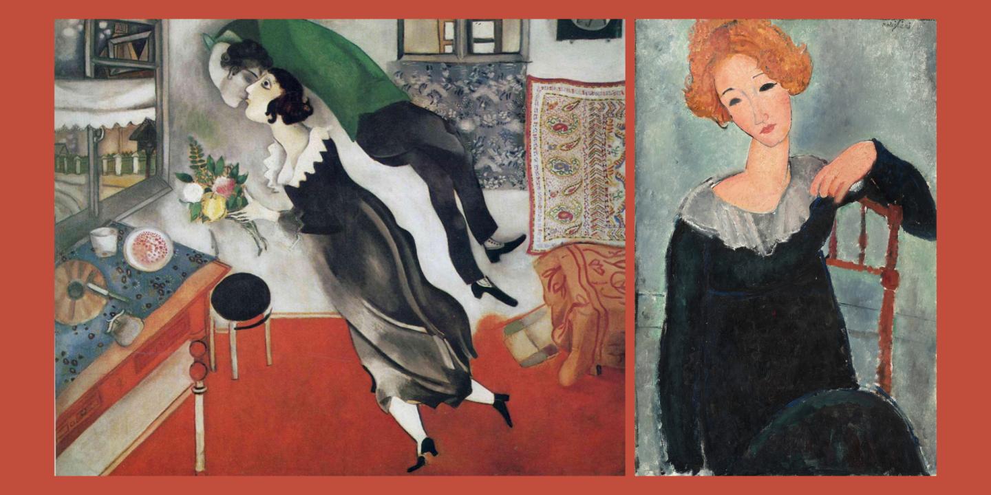 Chagall painting, The Birthday, depicting a woman in a black dress holding a bouquet of flowers in a living room. A figure in green wraps around the woman seemingly about to kiss her. On the right is the painting, Woman with Red Hair, by Modigliani of a woman in a dark dressing sitting on a light blue background.