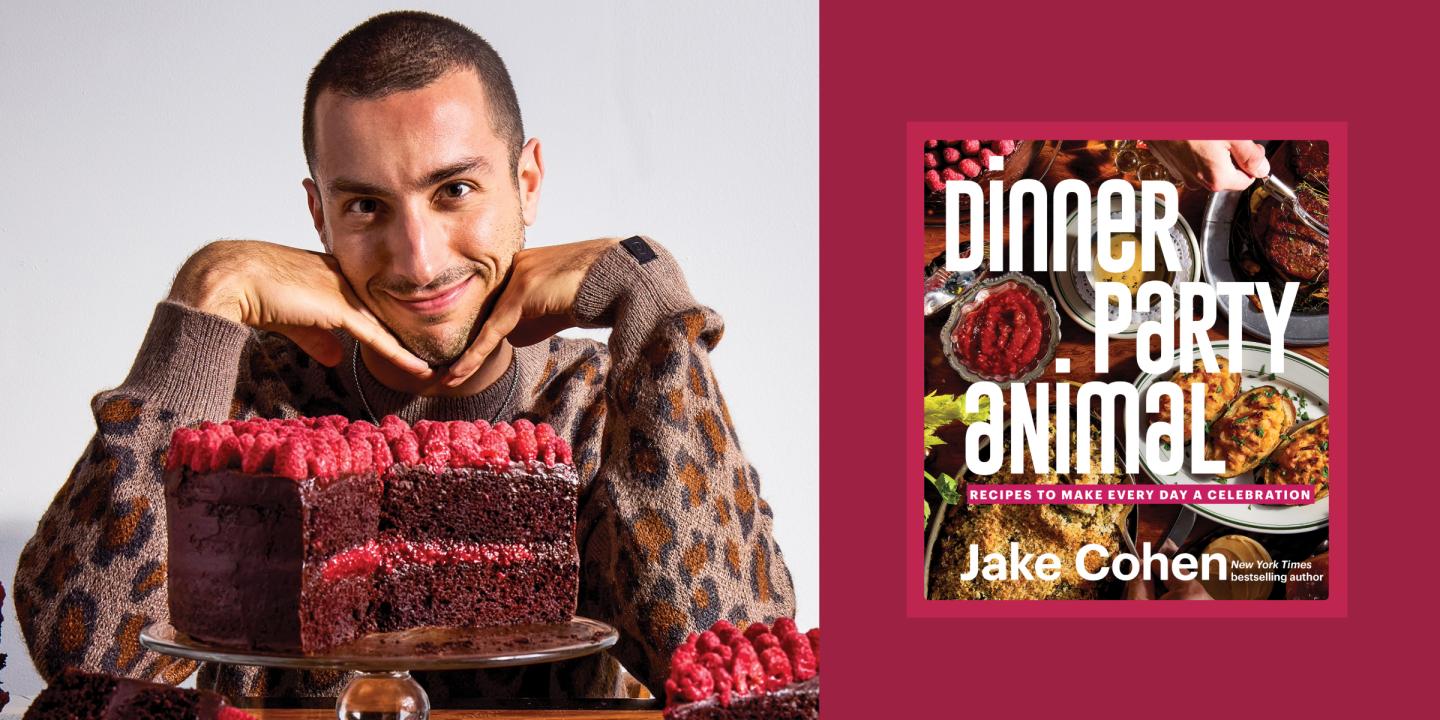 Headshot of Jake Cohen smiling at the camera with his head resting on his hands behind a table with a large, chocolate cake with raspberries. On the right is the cover of the book on a raspberry red color.