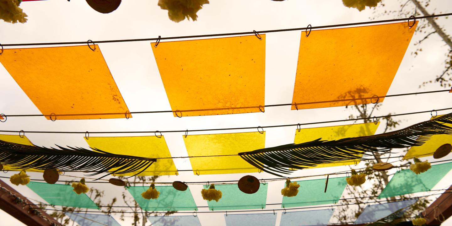 colorful plexi squares hung above a pergola