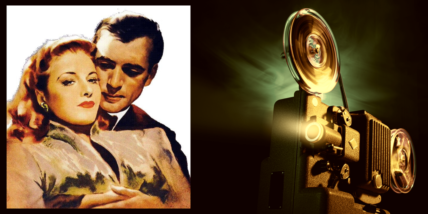 Illustration of a couple styled like an old movie poster sits next to a film projector.