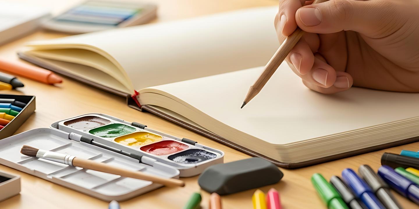 Water color paints and a hand ready to write in a book with a pencil.