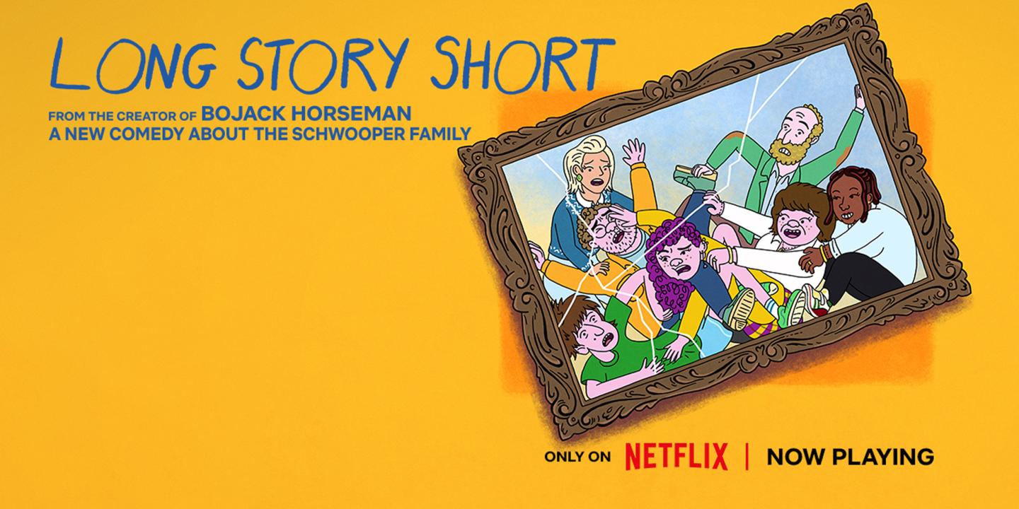 A poster with an illustrated family portrait with cracked glass and reads Long Story Short.