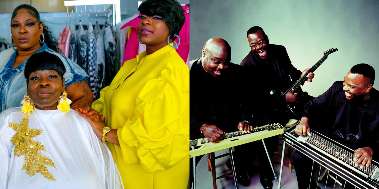 Three women post on front of a clothing rack. Three men play musical instruments including pianos and a guitar.