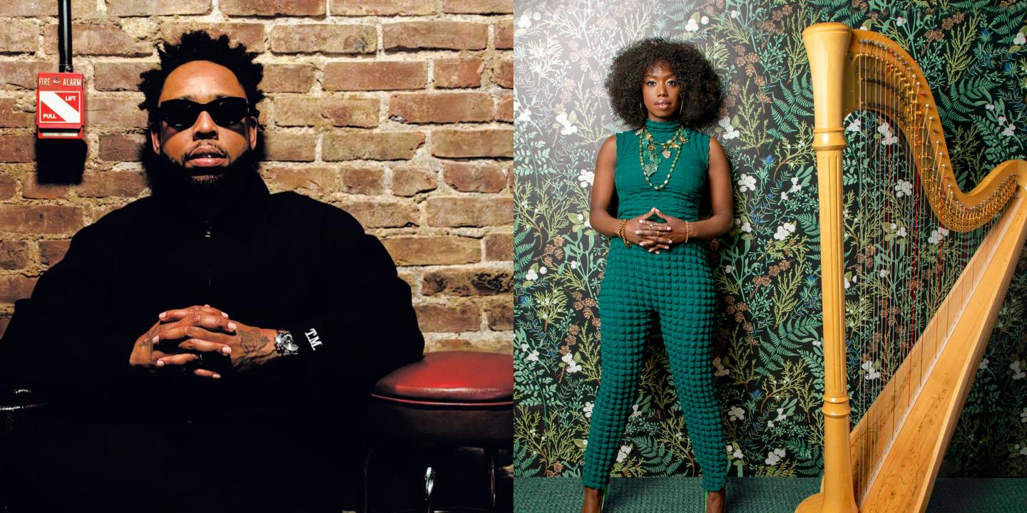 A man with sunglasses sits in front of a brick wall, and a woman stands in front of a harm.