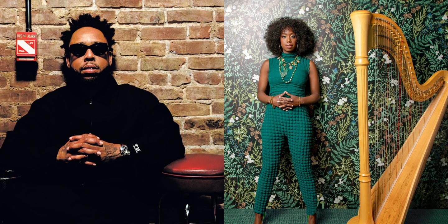 A man with sunglasses sits in front of a brick wall, and a woman stands in front of a harm.