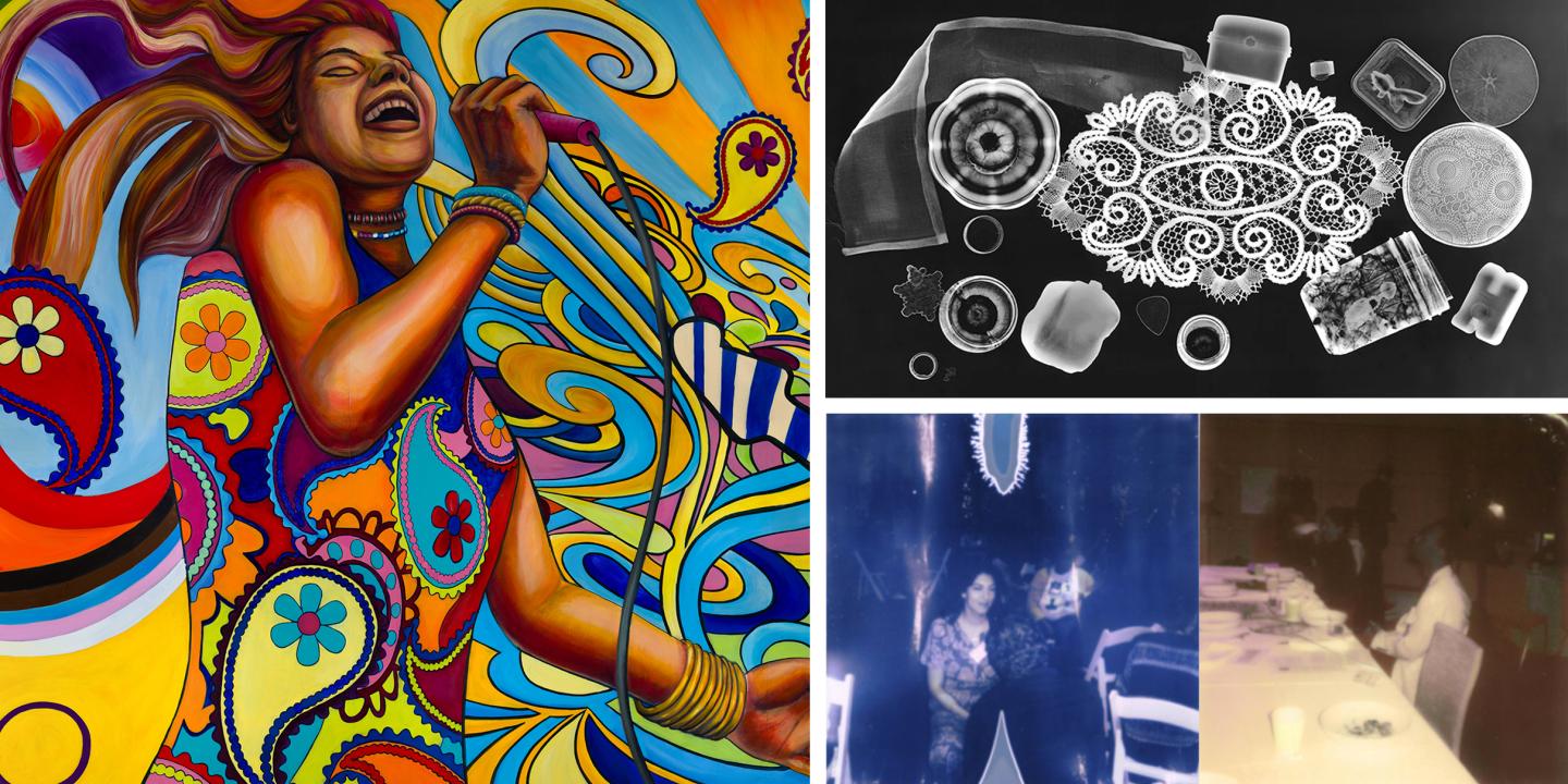 Three image collage; a 60s style mural of a woman singing, an X-ray of items in bag, and two photo of people at a dinner party.