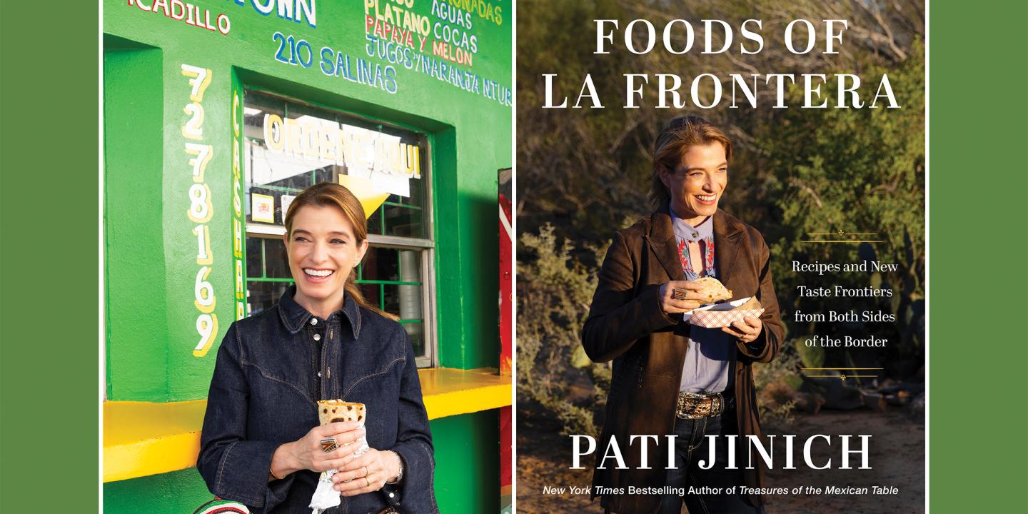 Cookbook cover and woman holding a burrito.