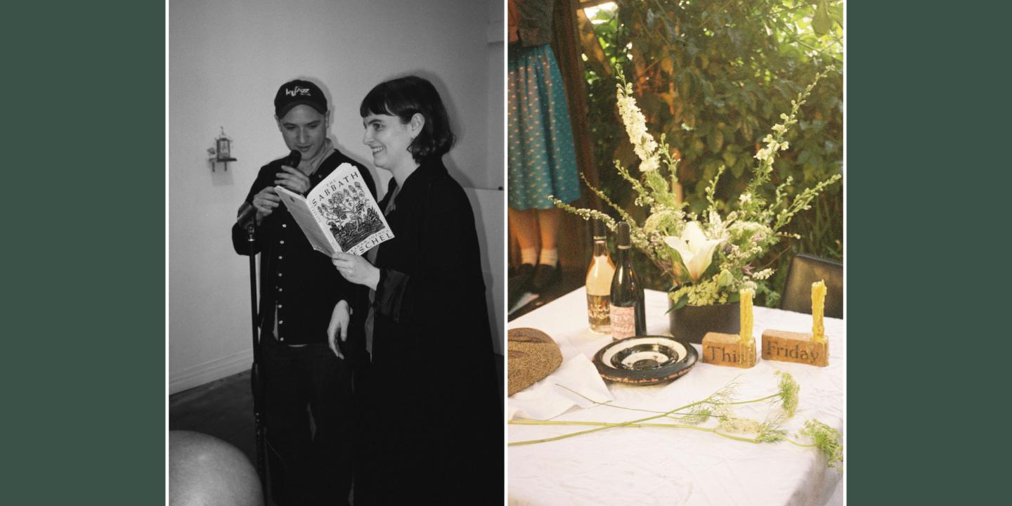 Woman and man hold a Sabbath book and a table setting is shown.