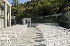 Exterior view of courtyard with chairs set up for a wedding event