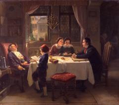 Oil painting of family gathered around dining table; man at head of table is reclining, asleep
