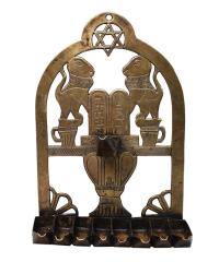 Brass Hanukkah lamp with 2 lions, tablet, and Jewish star