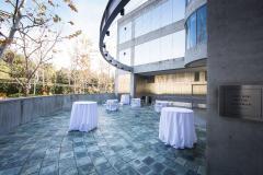 Kalsman Terrace with a few tables covered with white tablecloths