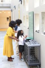 a woman, boy and girl looking at the installation