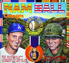 painting featuring images of a ball player and a Vietnam War era soldier 