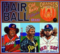 painting featuring images from baseball cards and oranges