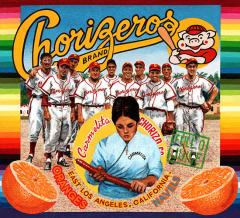 painting featuring group of baseball players, a woman holding a chorizo sausage, and oranges