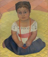 painting of a young girl kneeling on a rug