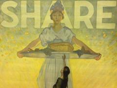poster with word 'Share' and a woman carrying a platter with a young girl reaching up torwards the platter
