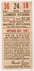 text on paper, sec. 36 row 24 seat 18 Lower Stand $1.25 Opening Day 1947
