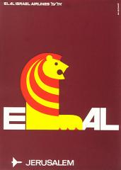 poster for El Al Airlines with the text 'El Al Jerusalem' and the 'L' in 'El Al' in the shape of a lion