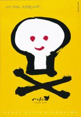 Poster with a skull and bones shaped like a mushroom cloud with text 'We shall overcome...' and 'Peace after Hiroshima'