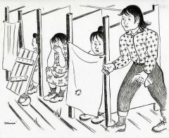 drawing of women seated in open-stall toilets, using an old gate and a sheet to give themselve privacy