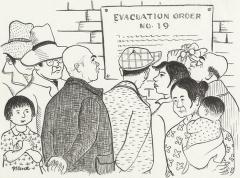 drawing of a group of people gathered in front of a poster that reads 'Evacuation Order No. 19'