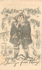print of a person dressed up in warm clothing surrounded by small scenes of daily life