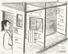 drawing of a person entering an empty wooden barrack