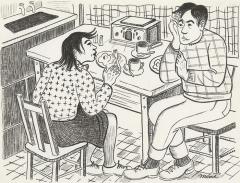 drawing of 2 people having breakfast at a table with a radio in the background